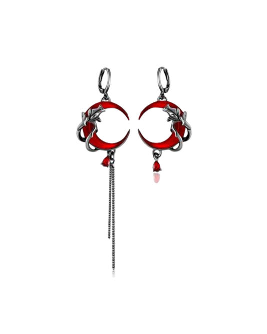 Boucle d'oreille lune rouge et rose noire