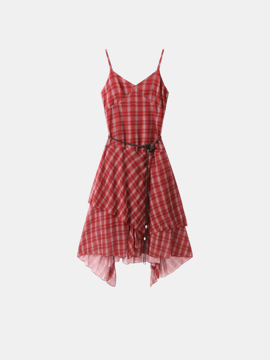 Red checkered dress with a belt on a white background