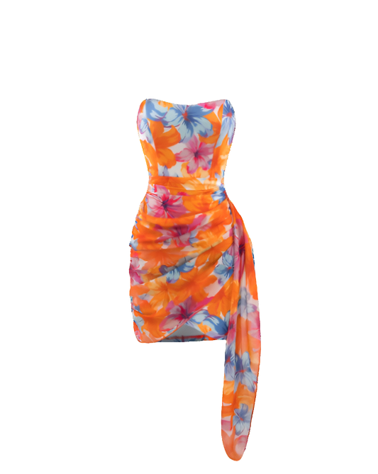 Robe fleurie drapée sur le côté