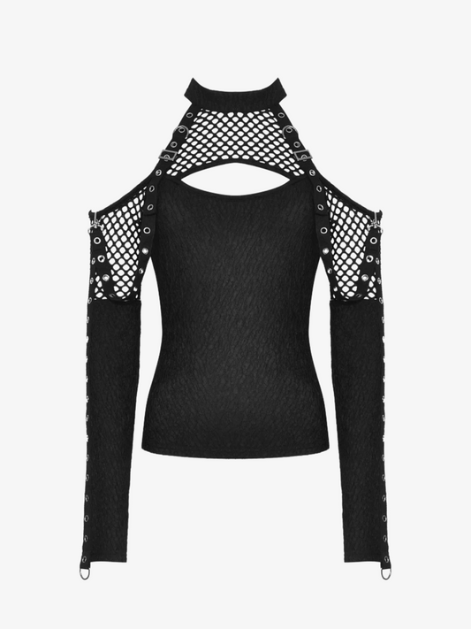 Black long-sleeve top with fishnet sleeves on a white background