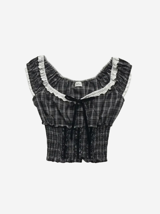 Black and white checkered crop top with lace details on a white background