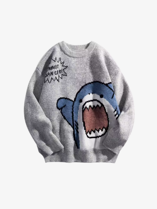 Gray sweater with a shark design and text on a white background
