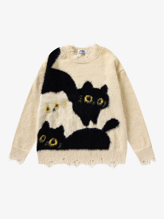 Beige sweater with black cat design on a white background