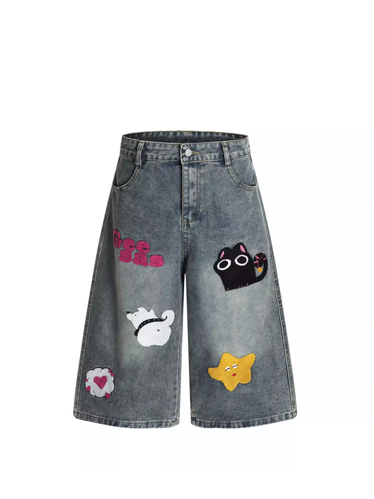 Cartoon Patch Denim Shorts