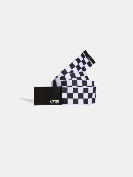 Black and white checkered belt with Vans logo on a white background