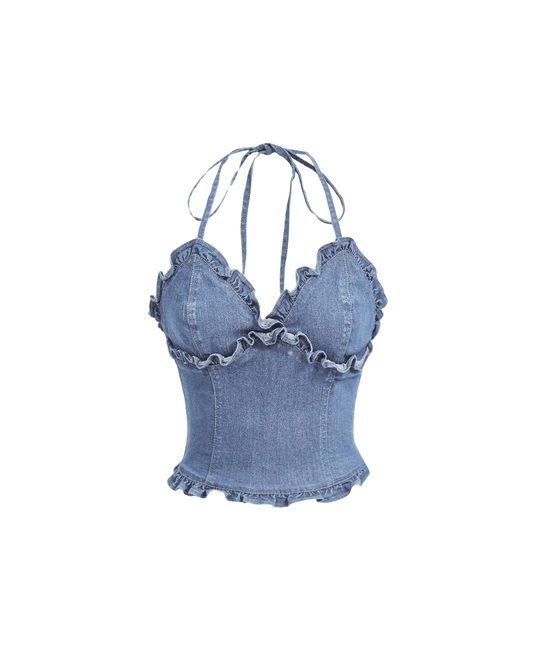 Ruffle Halter Denim Top
