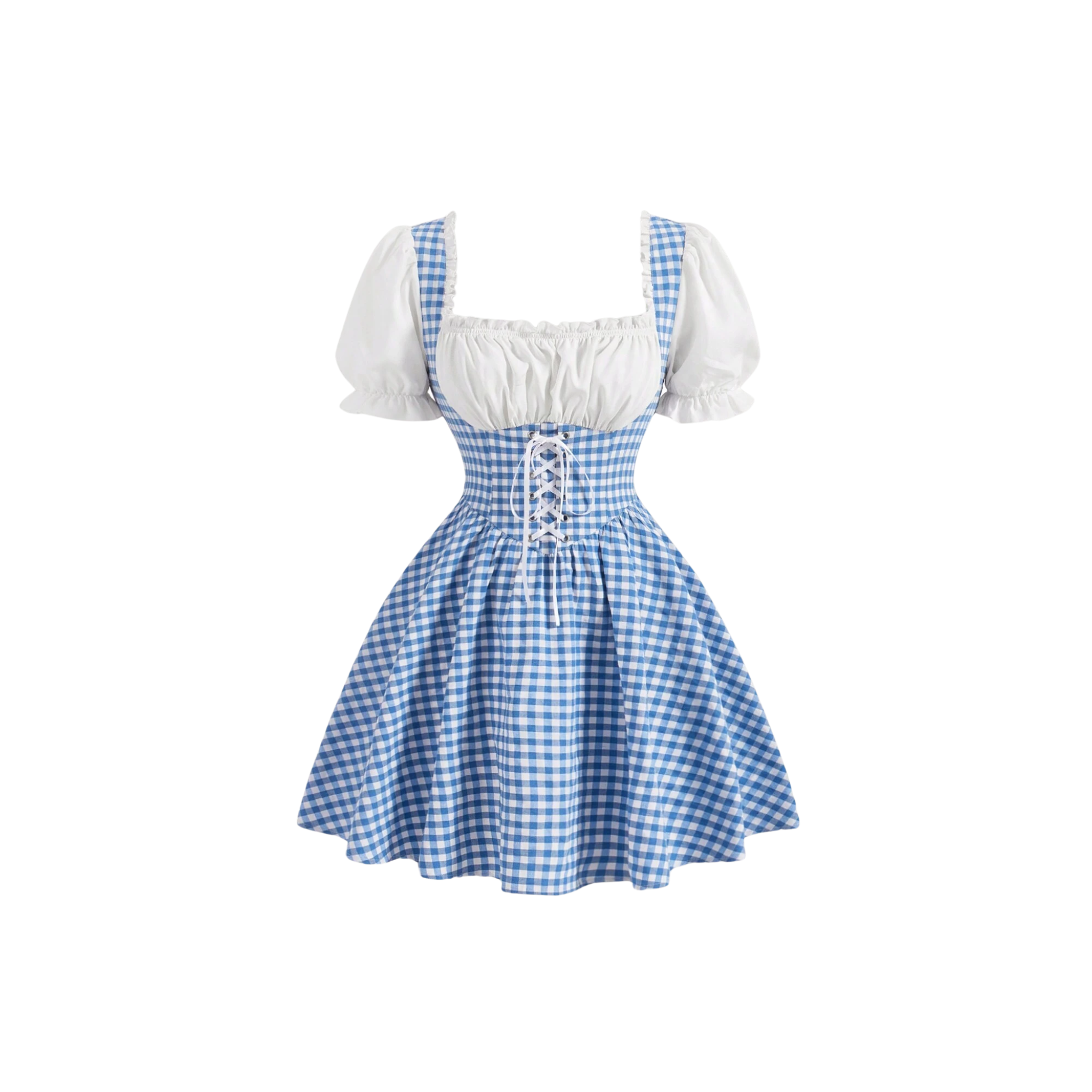 Blue and white checkered dress with white blouse on a white background