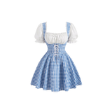 Blue and white checkered dress with white blouse on a white background