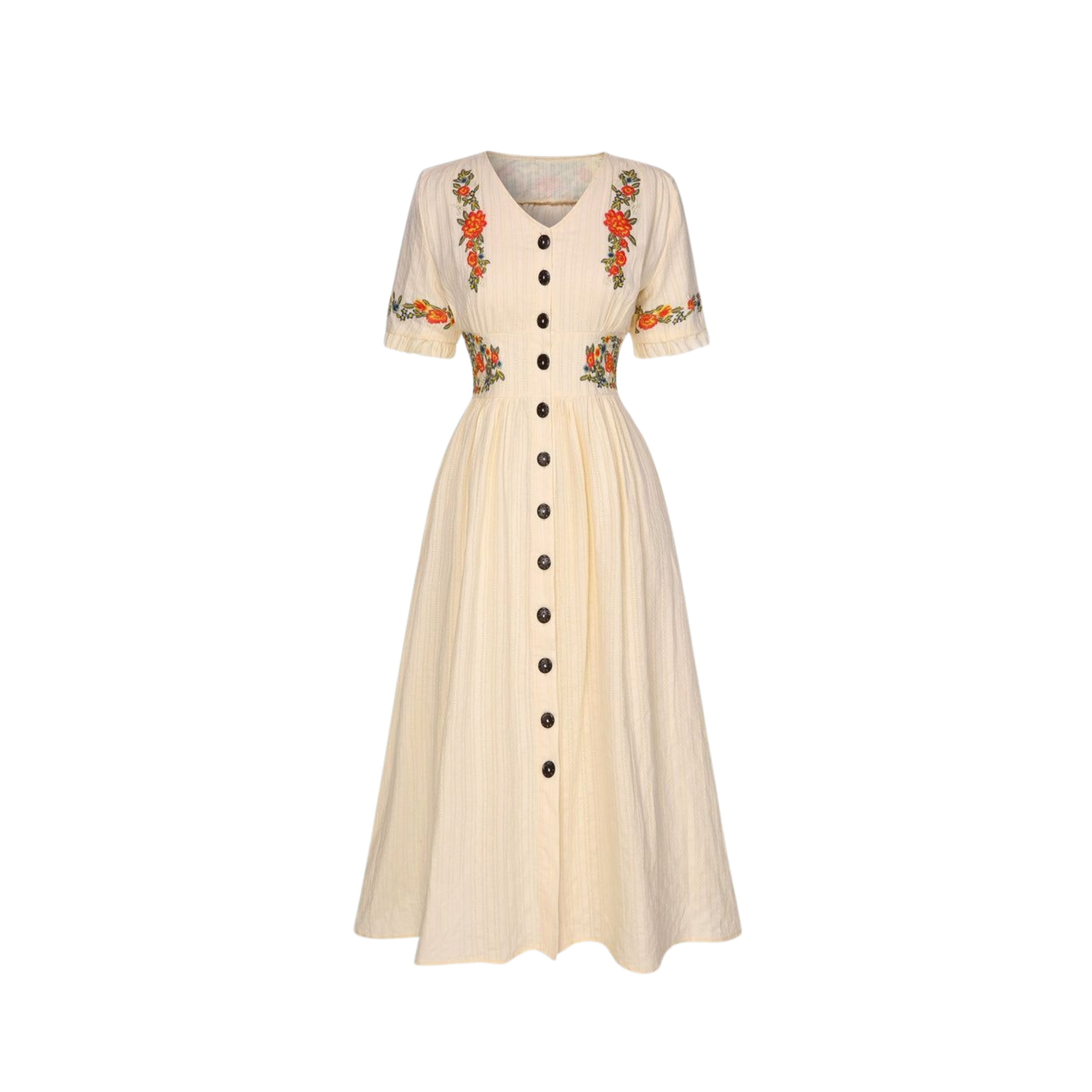 Beige dress with floral embroidery on a white background
