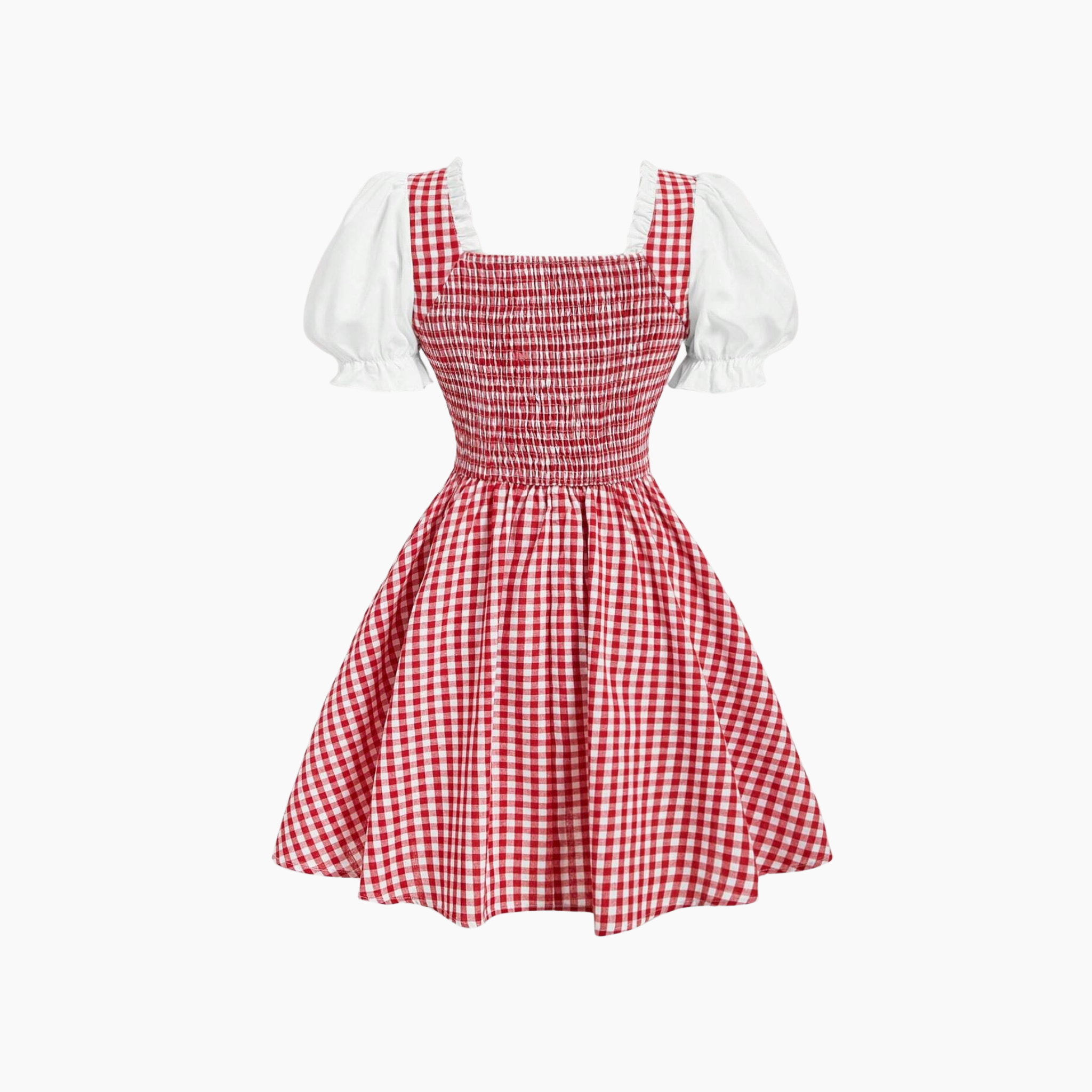 Red and white checkered dress with white sleeves on a white background