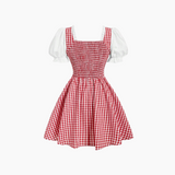 Red and white checkered dress with white sleeves on a white background