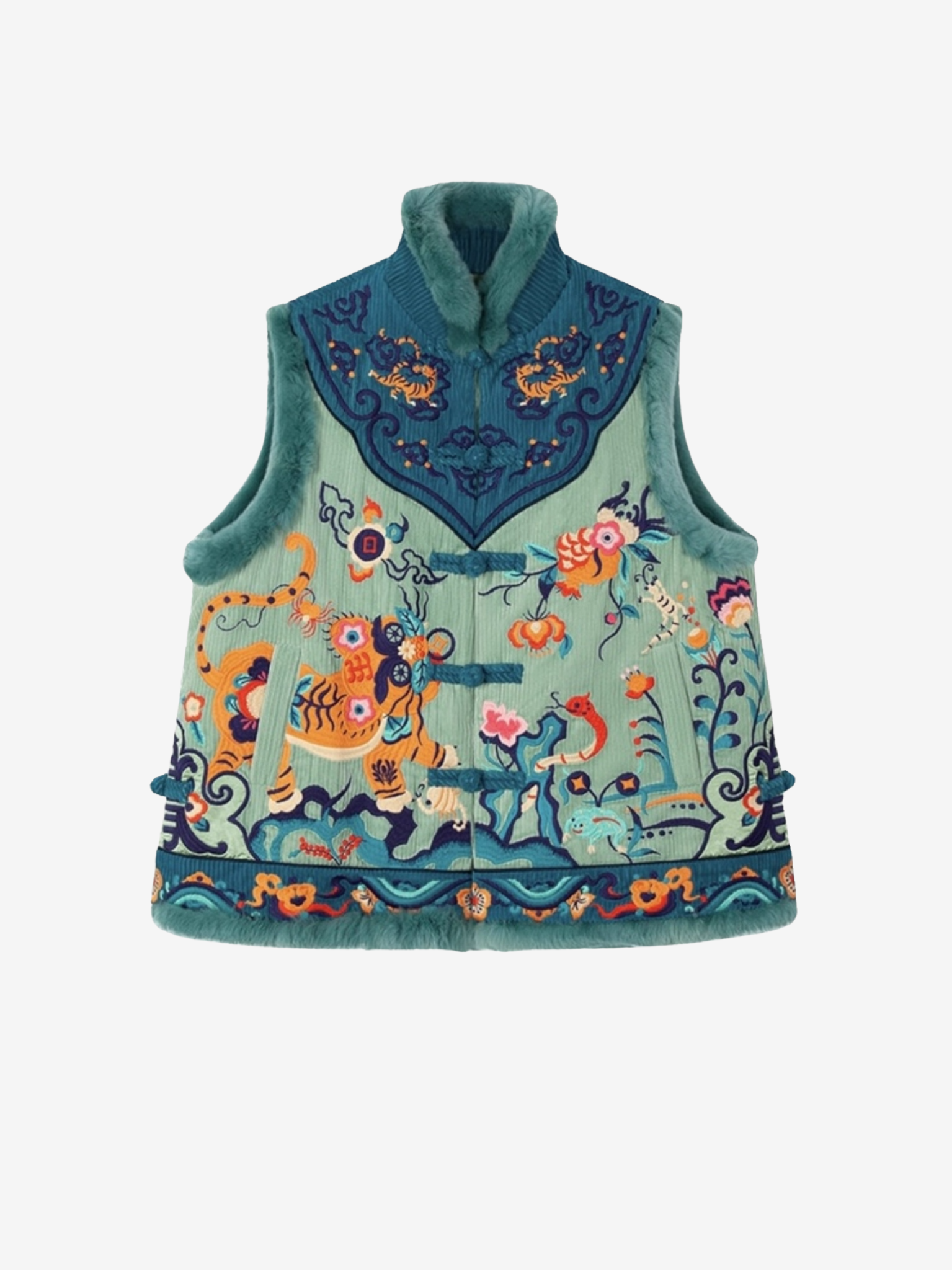 Decorative vest with animal and floral patterns on a white background