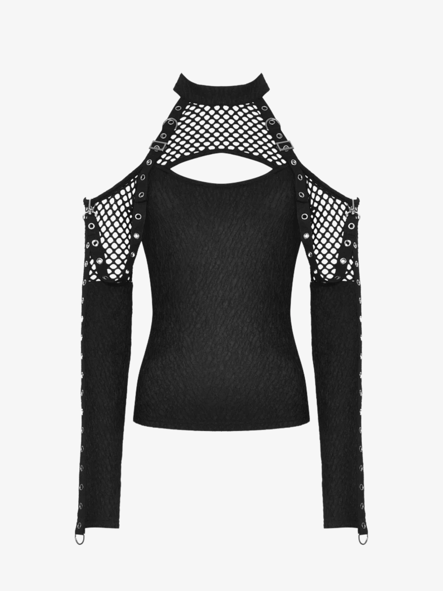 Black long-sleeve top with fishnet sleeves on a white background