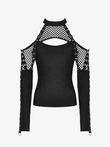 Black long-sleeve top with fishnet sleeves on a white background