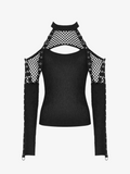 Black long-sleeve top with fishnet sleeves on a white background