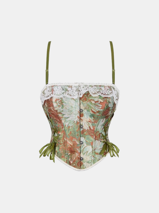 Floral patterned corset with green straps on a white background