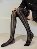 Black lace thigh-high stockings worn with a black outfit.