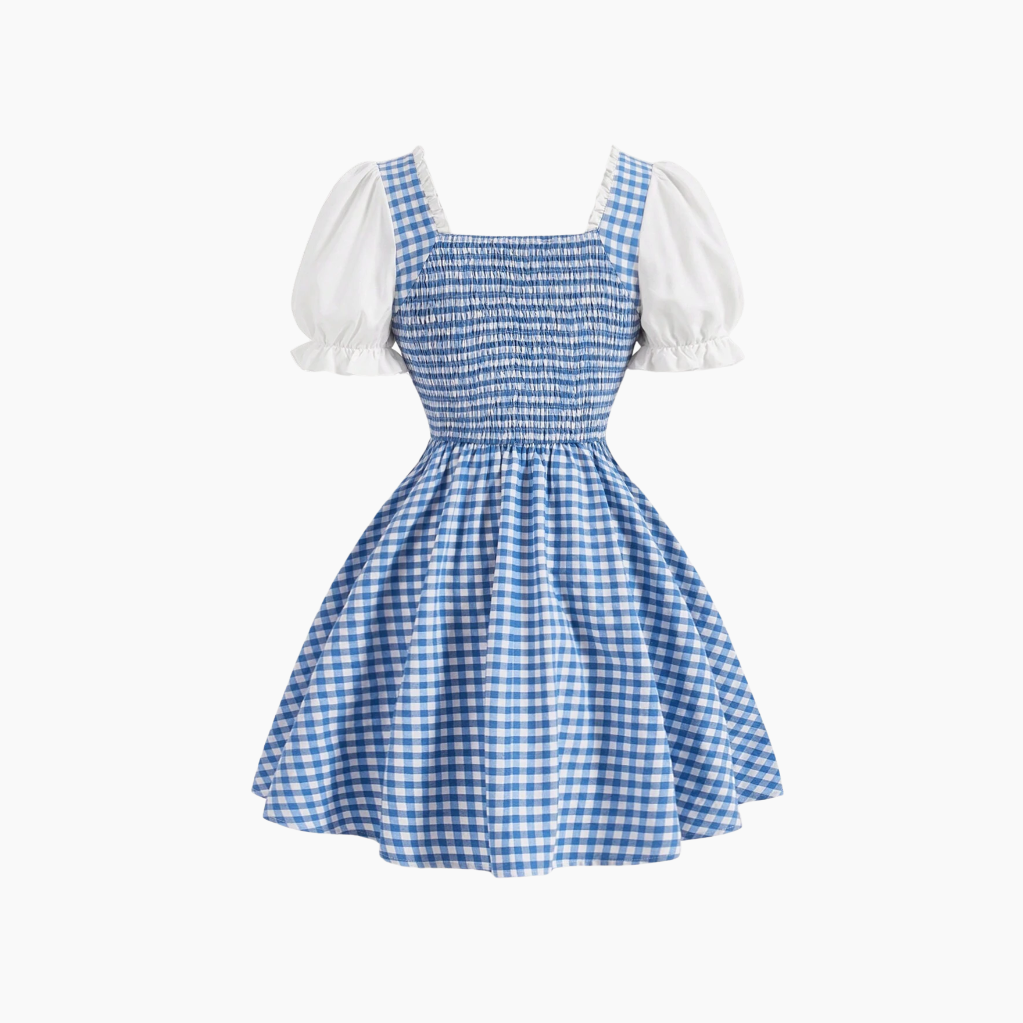 Blue checkered dress with white puffed sleeves on a white background