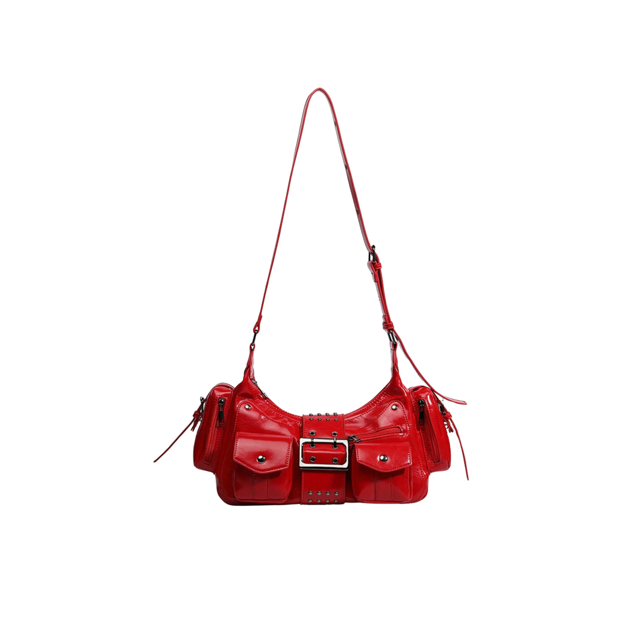 Red handbag with a gold buckle on a white background