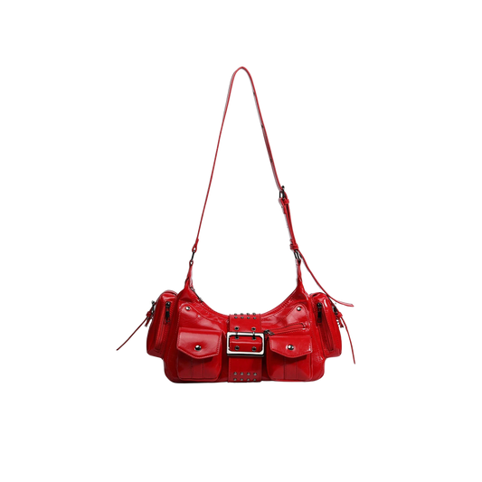 Red handbag with a gold buckle on a white background