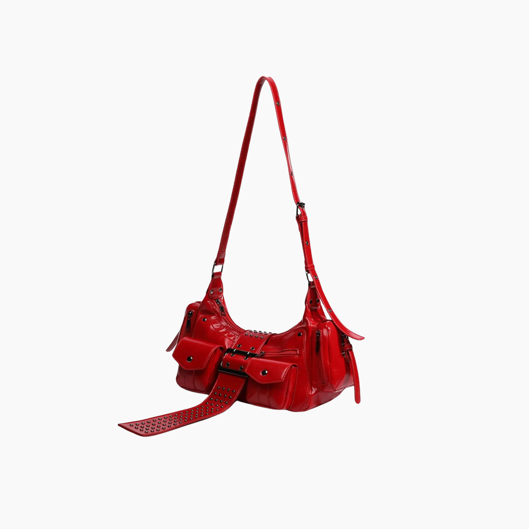 Red handbag with a strap on a white background