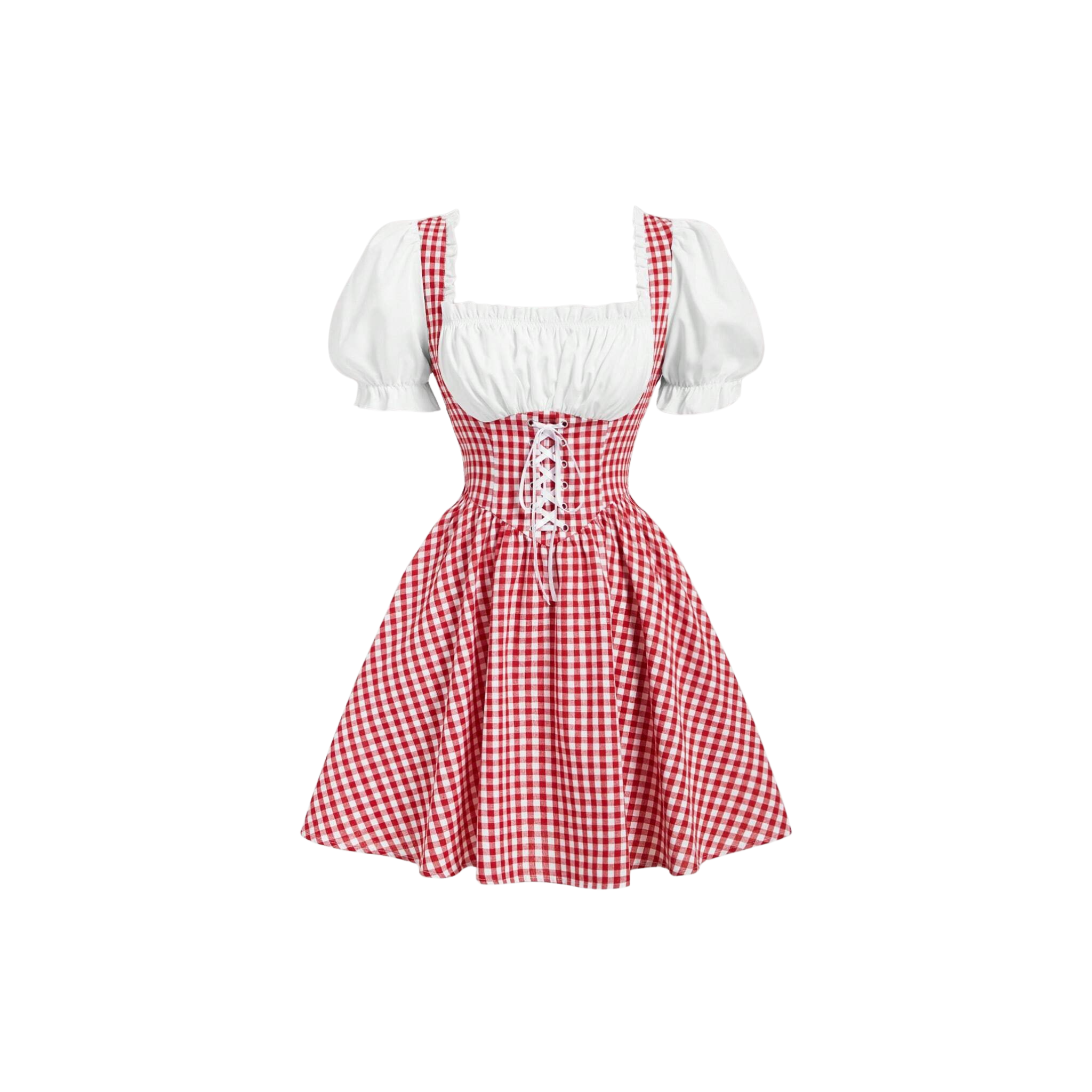 Red and white checkered dress with puffed sleeves on a white background