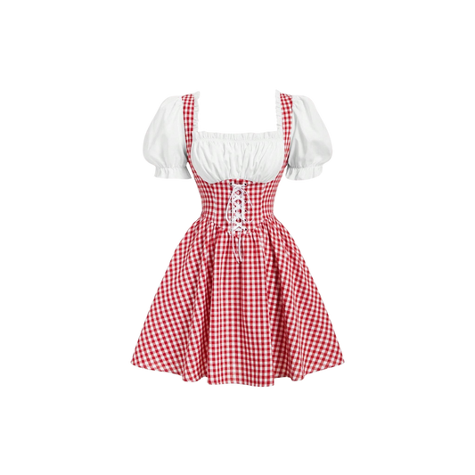 Red and white checkered dress with puffed sleeves on a white background