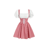 Red and white checkered dress with puffed sleeves on a white background
