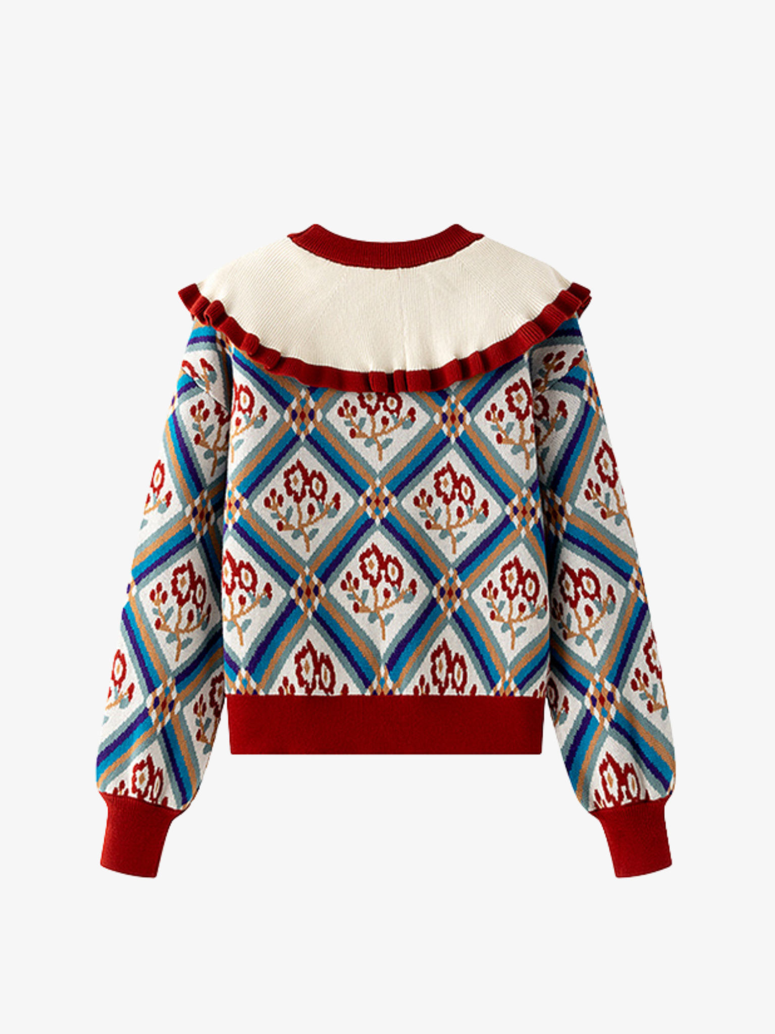 Patterned sweater with red trim on a white background