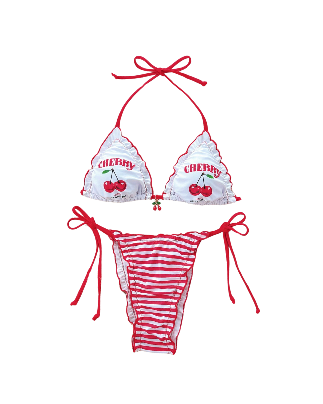 Cherry Print Striped Bikini Set