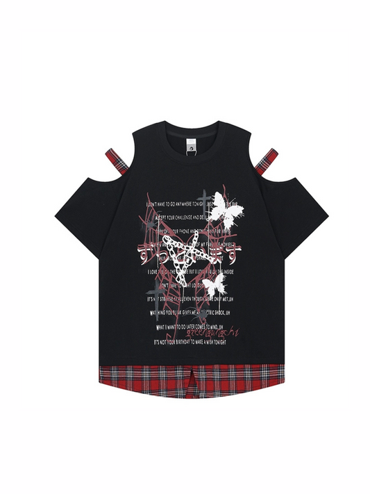 Cut-Out Plaid Hem T-Shirt