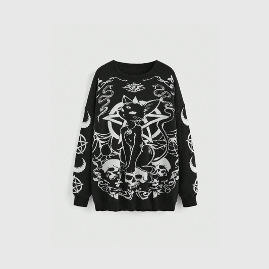 Pull oversize à motif de chat et tête de mort