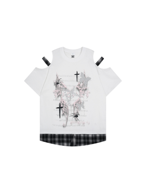 Cut-Out Plaid Hem T-Shirt
