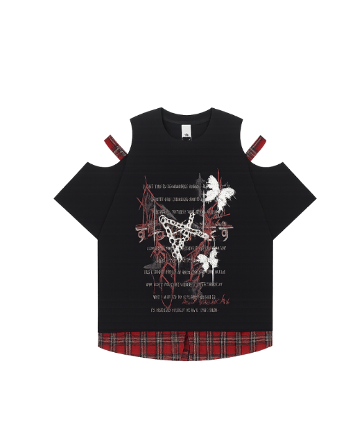 Cut-Out Plaid Hem T-Shirt