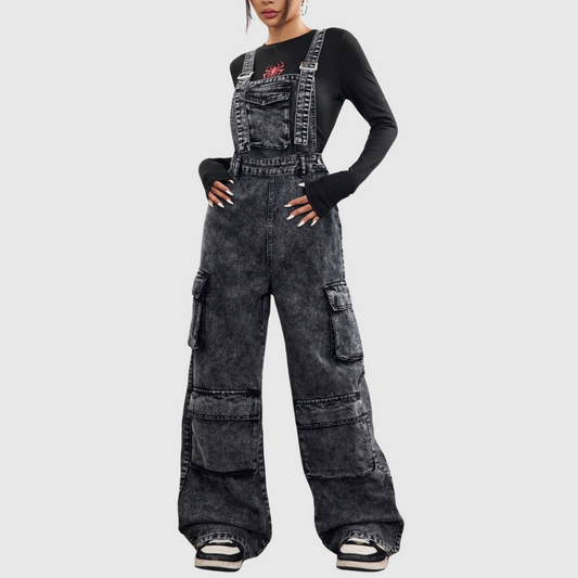 Washed Black Cargo Overalls