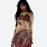 Long printed mesh dress