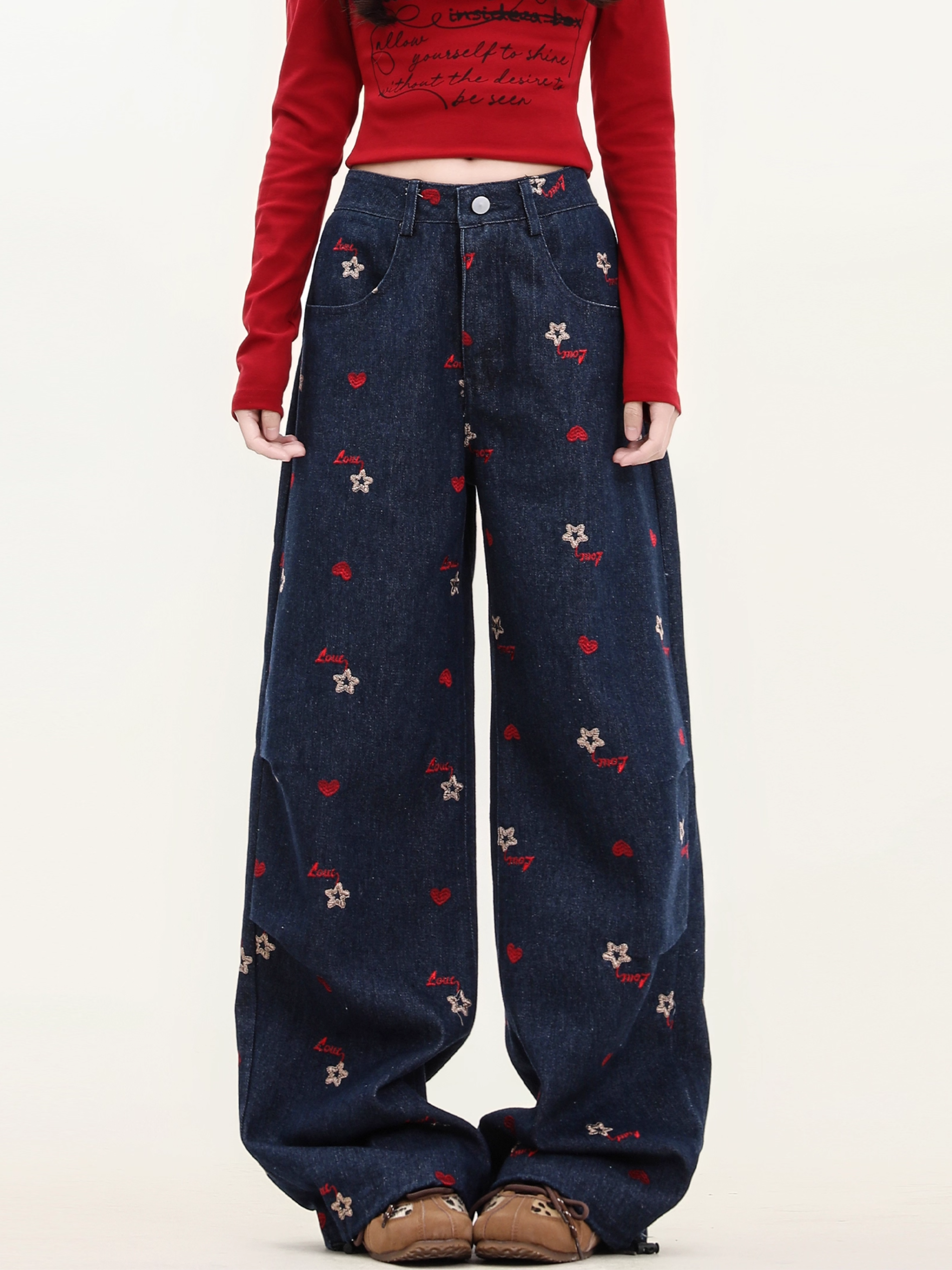 Flower Heart Wide-Leg Jeans