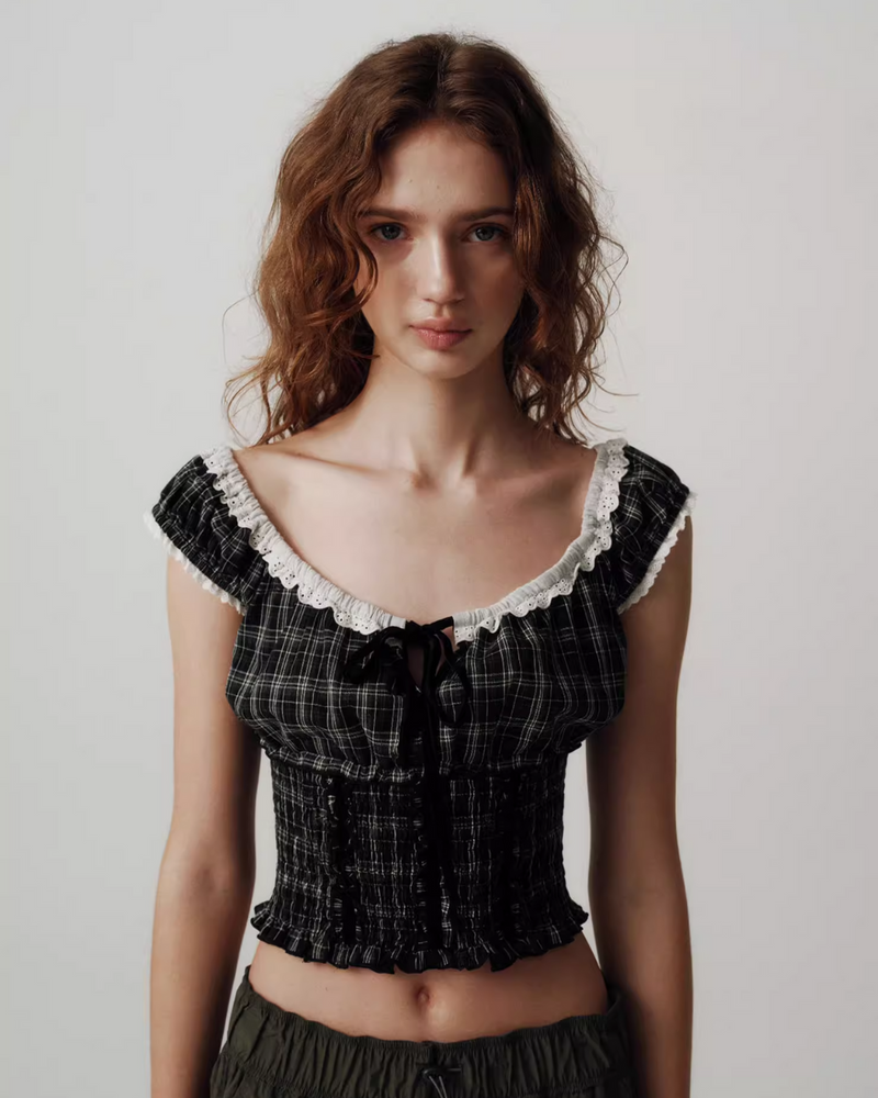 Lace Trim Plaid Crop Top
